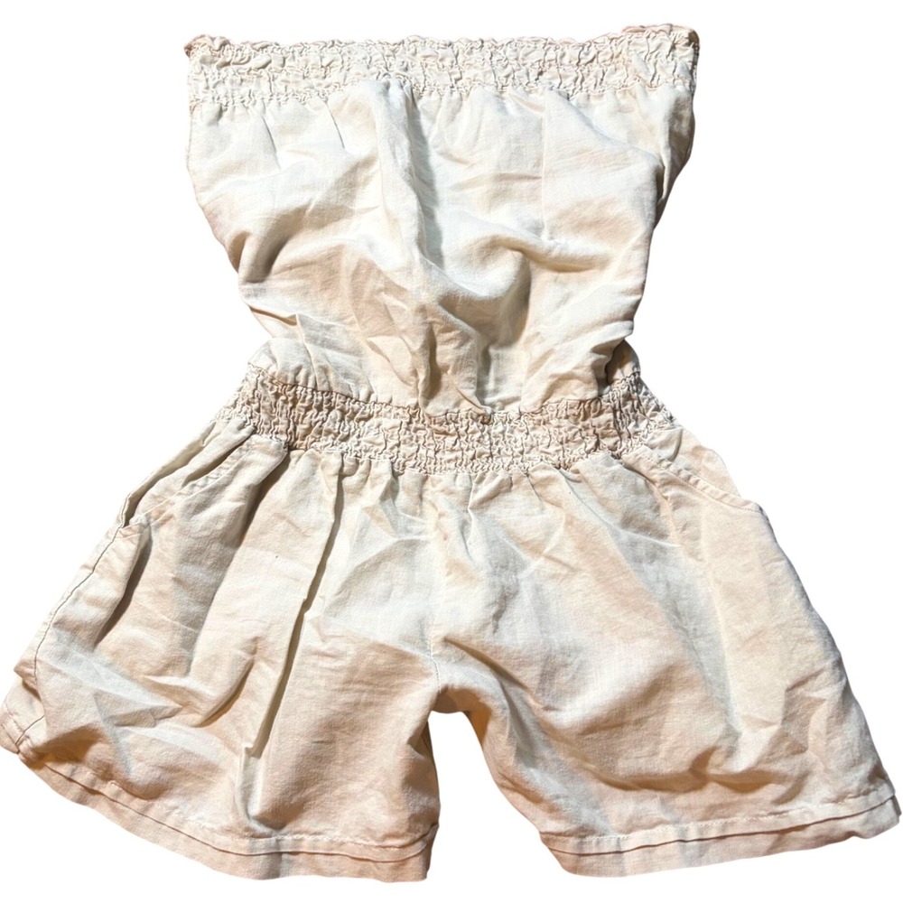 Y2K Boho Summer Linen Blend Strapless Romper Beige Smocked Tube Top Large